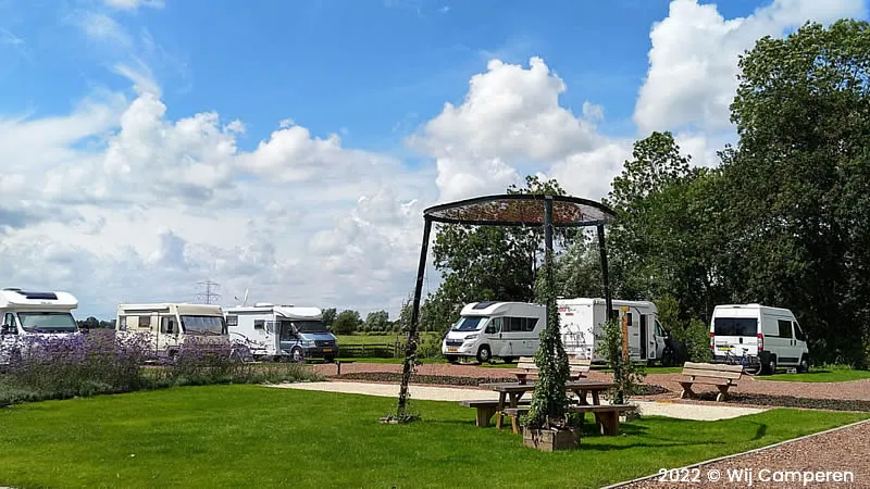 camperplaats met campers op eenvoudige parkeerplaatsen zonder uitgebreide voorzieningen