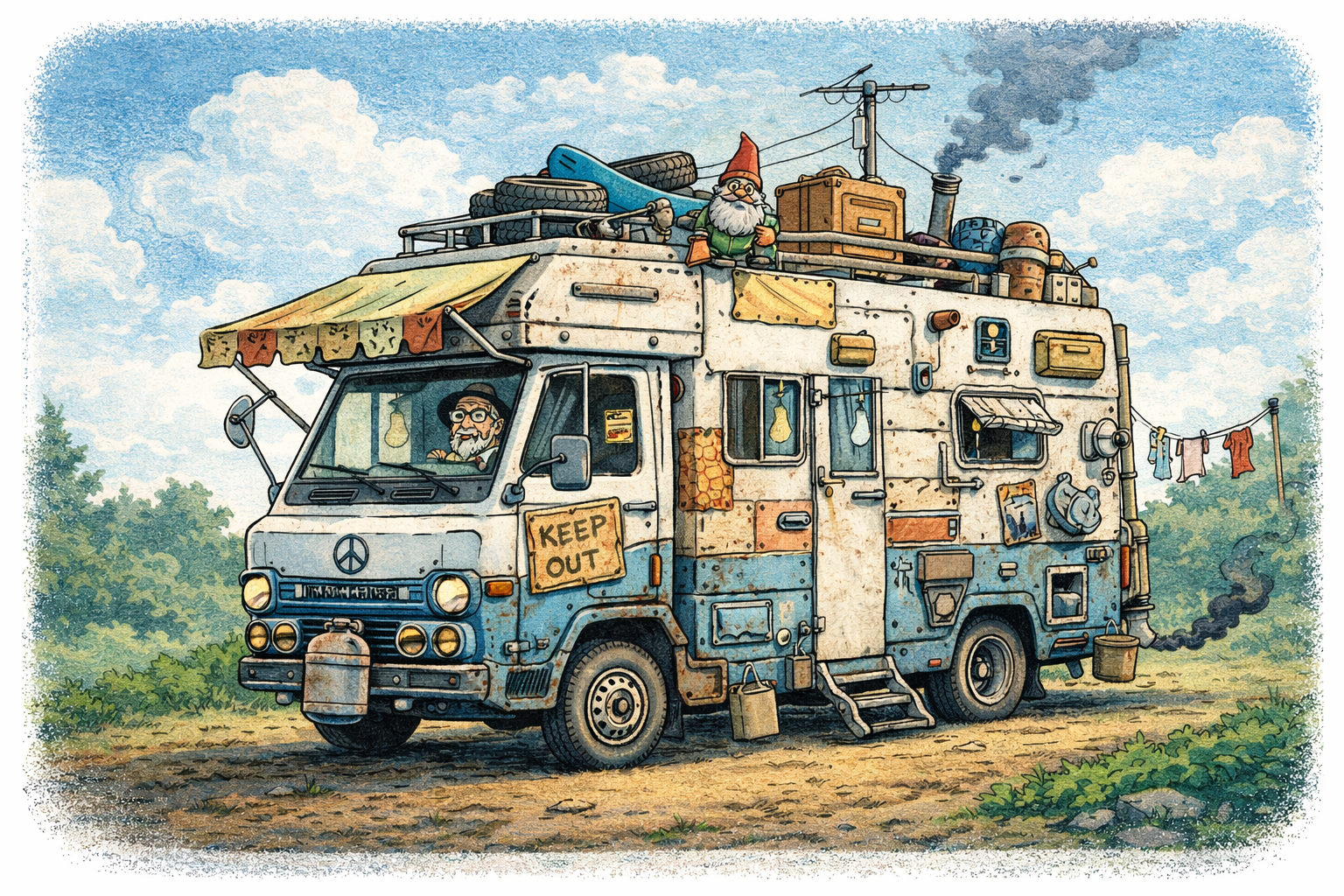 grappige zelfbouw camper uit jaren 80 met veel bagage en improvisatie