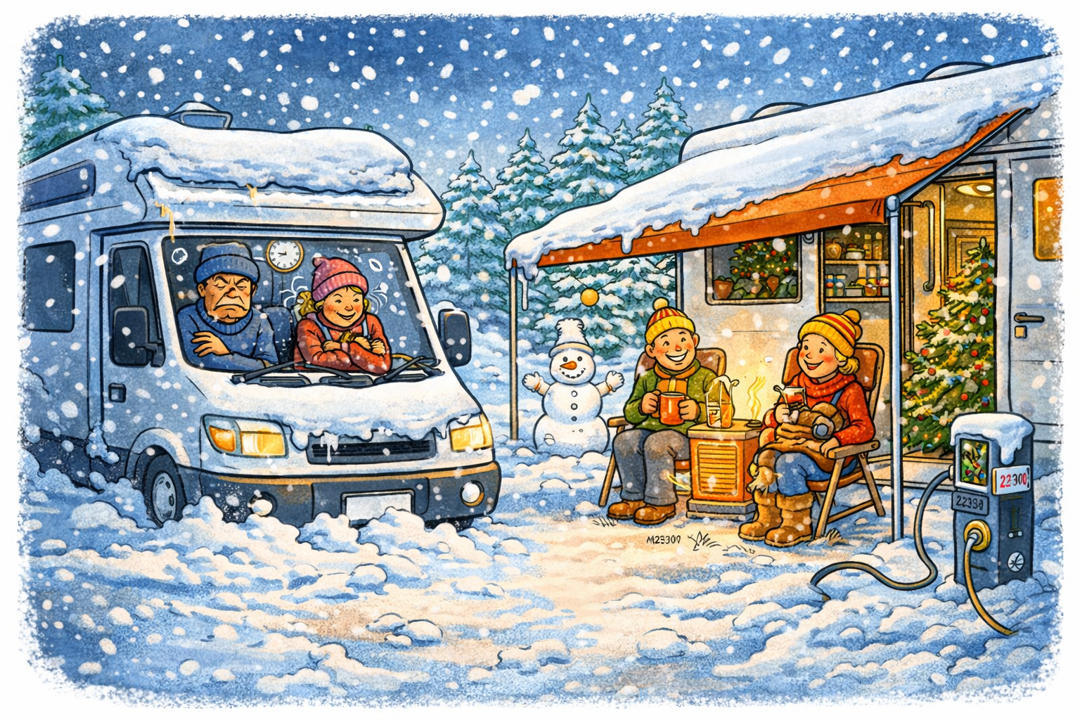verschil winter camperplaats en camping met stroom en verwarming illustratie