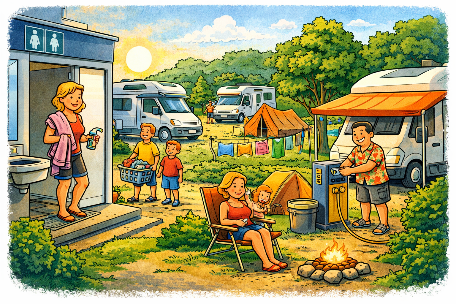 camping met voorzieningen en kampeerplaatsen voor langer verblijf