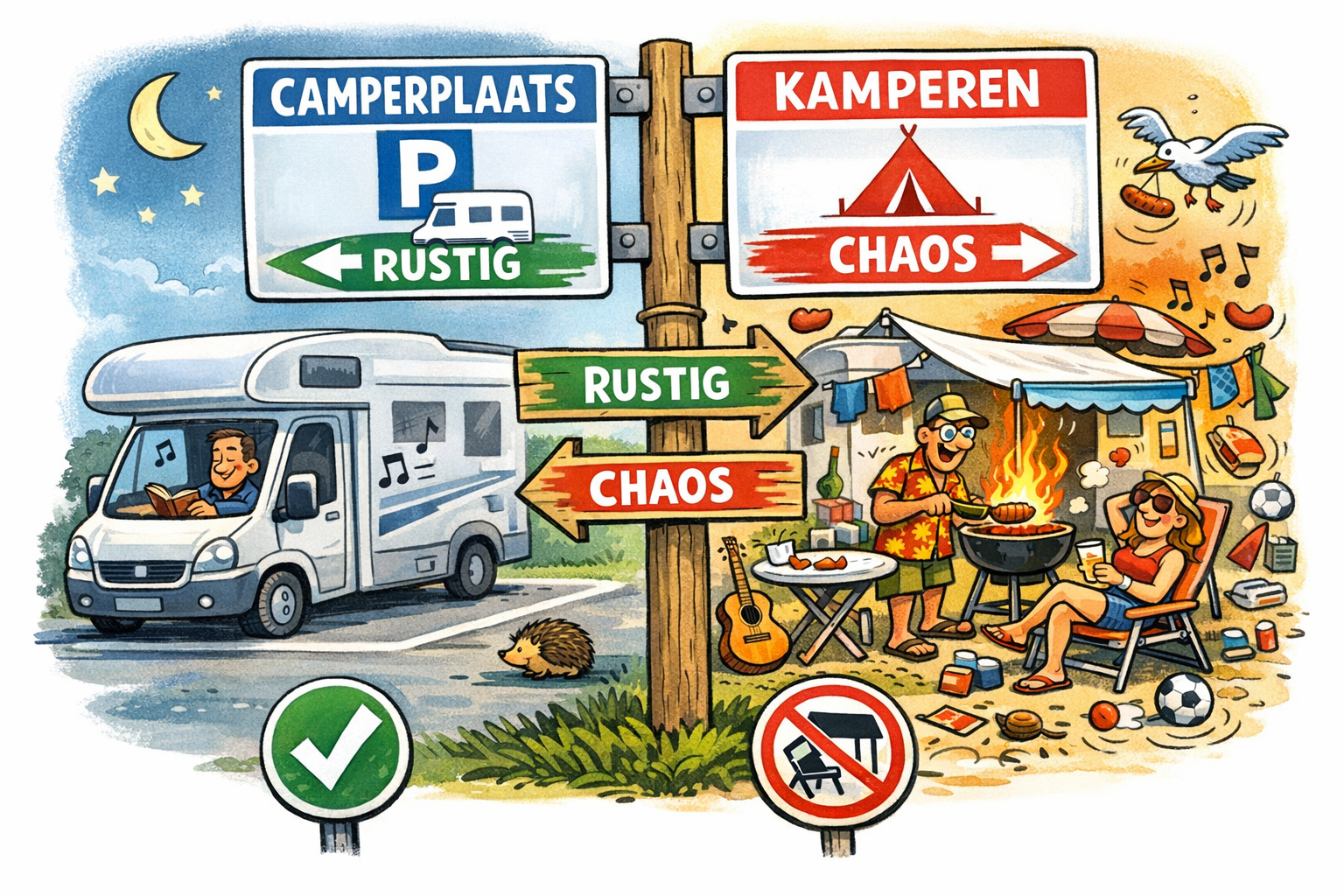 verschil tussen camperplaats overnachten en kamperen met stoelen en barbecue cartoon